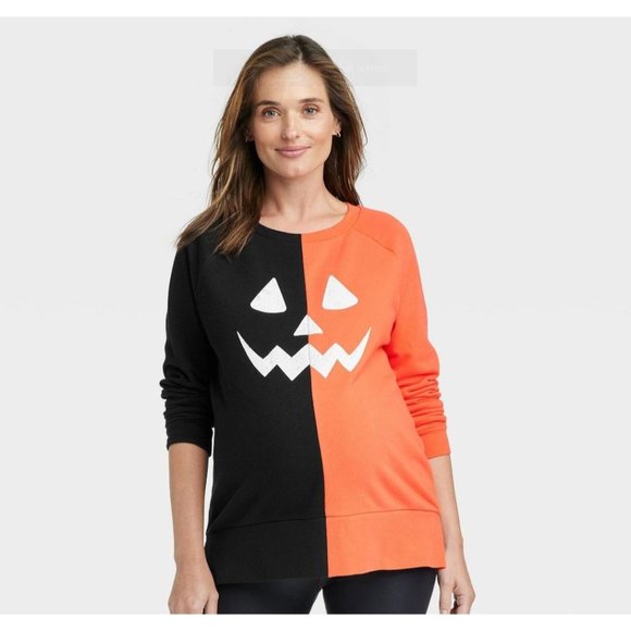 Isabel Maternity Tops - Isabel Maternity Womens Pumpkin Face Halloween Sweatshirt Black/Orange S